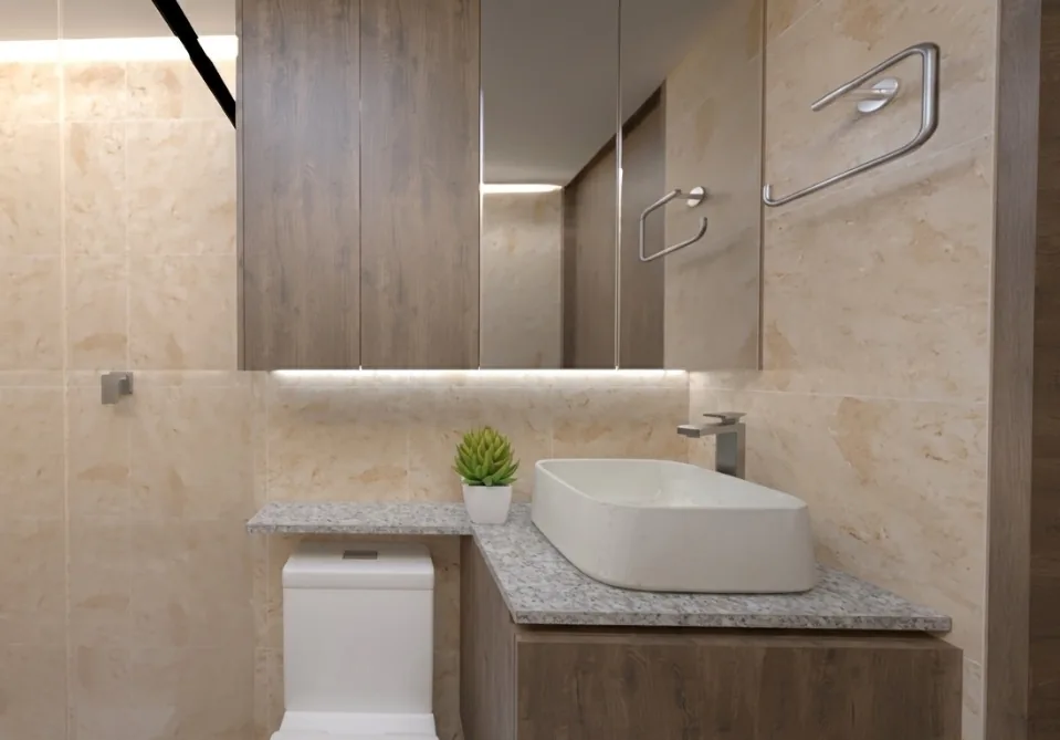 Baño con lavamanos de sobreponer y espejo con LED
